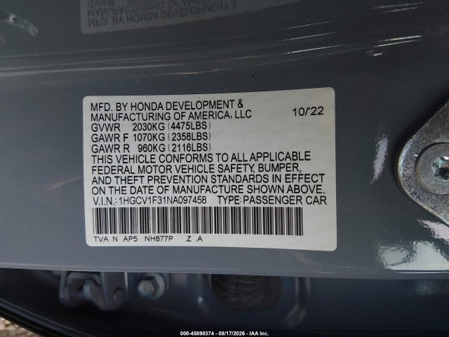 1HGCV1F31NA097458 Honda Accord Sport