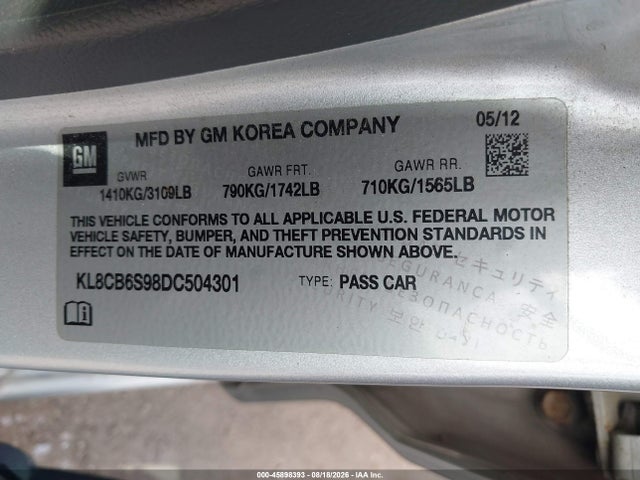 2013 Chevrolet Spark Ls Auto მანქანა იყიდება აუქციონზე, vin: KL8CB6S98DC504301, აუქციონის ნომერი: 45898393