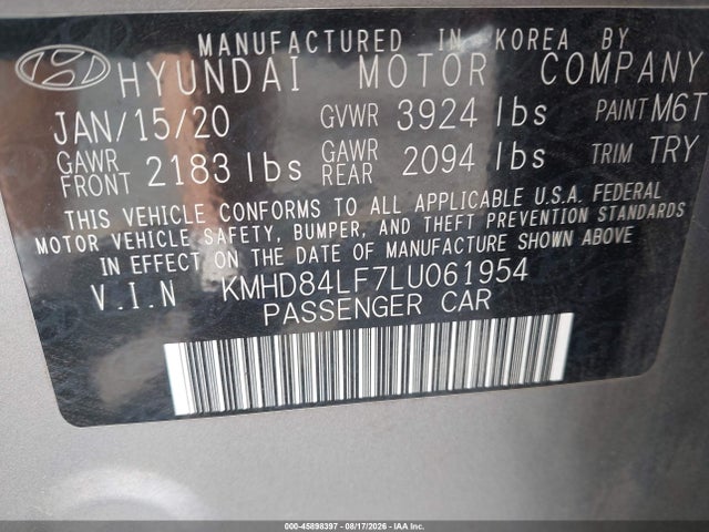Auction sale of the 2020 Hyundai Elantra Sel, vin: KMHD84LF7LU061954, lot number: 45898397