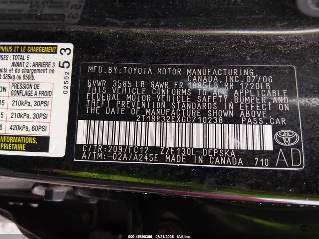 45898399 :رقم المزاد ، 2T1BR32EX6C710238 vin ، 2006 Toyota Corolla S مزاد بيع