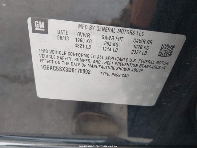 45898407 :رقم المزاد ، 1G6AC5SX3D0178092 vin ، 2013 Cadillac Ats Performance مزاد بيع