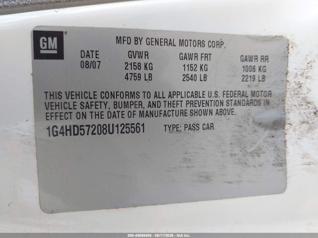 Продаж на аукціоні авто 2008 Buick Lucerne Cxl, vin: 1G4HD57208U125561, номер лоту: 45898408