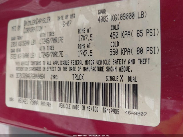 45898411 :رقم المزاد ، 3D7KS28A67G840064 vin ، 2007 Dodge Ram 2500 St مزاد بيع