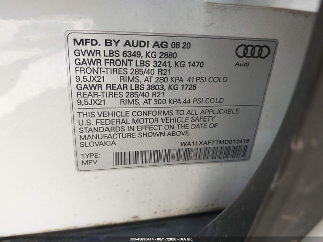 45898414 :رقم المزاد ، WA1LXAF77MD012416 vin ، 2021 Audi Q7 Premium Plus 55 Tfsi Quattro Tiptronic مزاد بيع