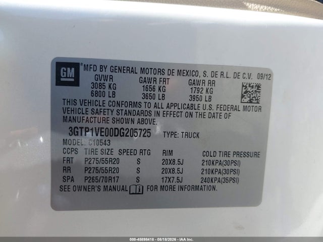 Продаж на аукціоні авто 2013 Gmc Sierra 1500 Sle, vin: 3GTP1VE00DG205725, номер лоту: 45898418