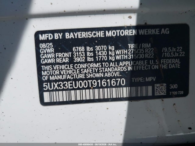 2026 Bmw X5 M60i მანქანა იყიდება აუქციონზე, vin: 5UX33EU00T9161670, აუქციონის ნომერი: 45898430