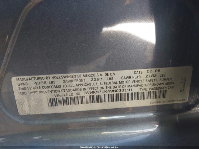 Продажа на аукционе авто 2009 Volkswagen Jetta Se/sel, vin: 3VWRM71K49M033191, номер лота: 45898431