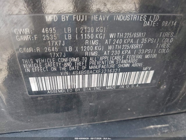 Продаж на аукціоні авто 2015 Subaru Outback 2.5i, vin: 4S4BSBACXF3216321, номер лоту: 45898439