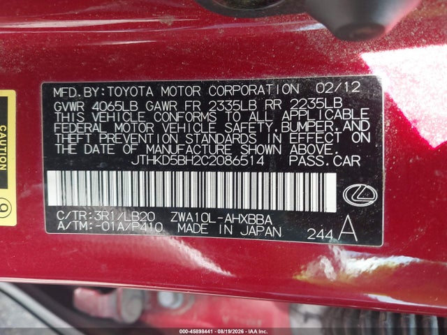 Продаж на аукціоні авто 2012 Lexus Ct 200h Premium, vin: JTHKD5BH2C2086514, номер лоту: 45898441