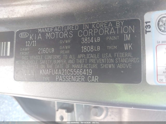 Aukcja sprzedaży 2012 Kia Forte Ex, vin: KNAFU4A21C5566419, numer aukcji: 45898443