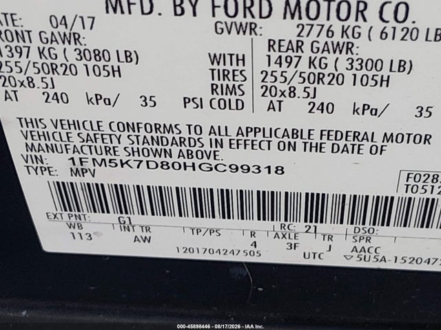 Продаж на аукціоні авто 2017 Ford Explorer Xlt, vin: 1FM5K7D80HGC99318, номер лоту: 45898446