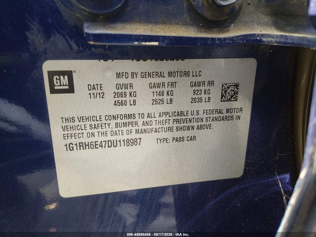 Aukcja sprzedaży 2013 Chevrolet Volt, vin: 1G1RH6E47DU118987, numer aukcji: 45898456