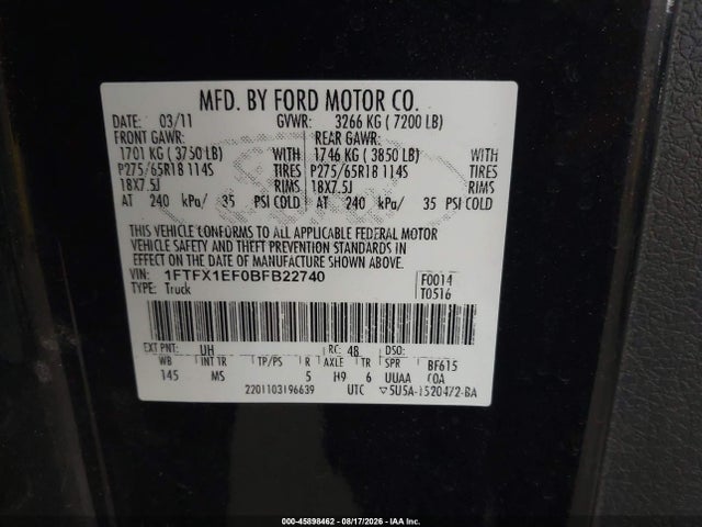 Aukcja sprzedaży 2011 Ford F-150 Xlt, vin: 1FTFX1EF0BFB22740, numer aukcji: 45898462