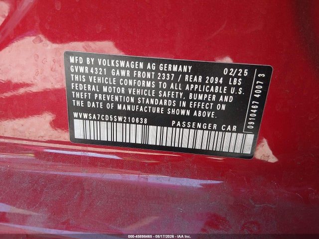 45898465 :رقم المزاد ، WVWSA7CD5SW210638 vin ، 2025 Volkswagen Golf Gti 2.0t Se مزاد بيع