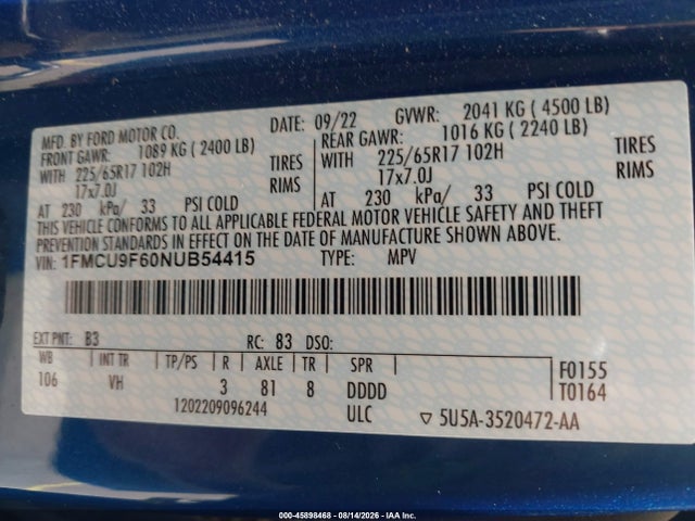 Продажа на аукционе авто 2022 Ford Escape S, vin: 1FMCU9F60NUB54415, номер лота: 45898468