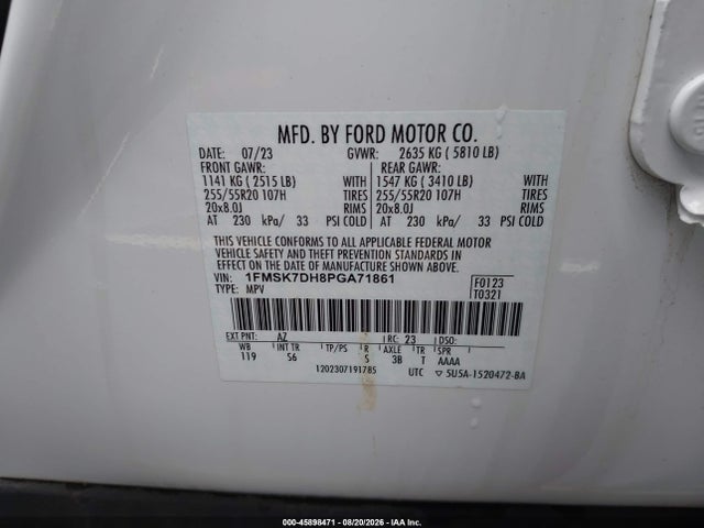 45898471 :رقم المزاد ، 1FMSK7DH8PGA71861 vin ، 2023 Ford Explorer Xlt مزاد بيع
