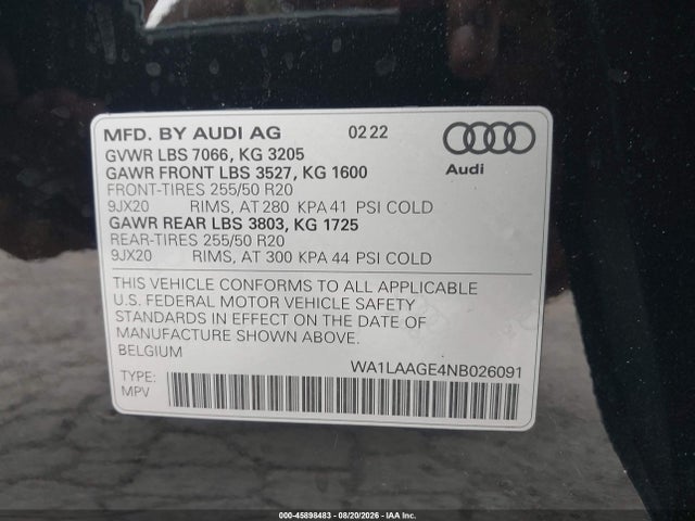 45898483 :رقم المزاد ، WA1LAAGE4NB026091 vin ، 2022 Audi E-tron Premium Plus Quattro مزاد بيع