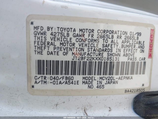 Aukcja sprzedaży 1999 Toyota Camry Le V6, vin: JT2BF22KXX0185131, numer aukcji: 45898509