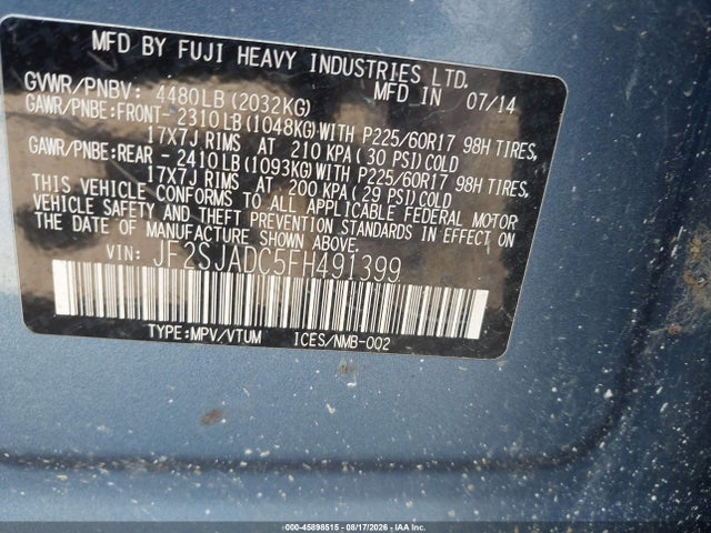 45898515 :رقم المزاد ، JF2SJADC5FH491399 vin ، 2015 Subaru Forester 2.5i Premium مزاد بيع