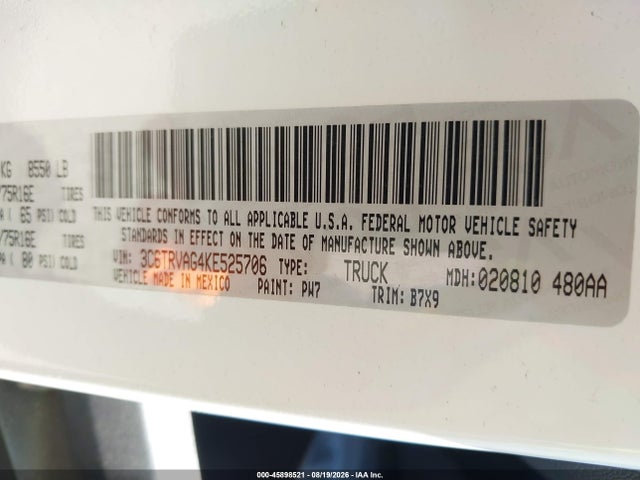 3C6TRVAG4KE525706 RAM Promaster 1500 Low Roof 136 Wb
