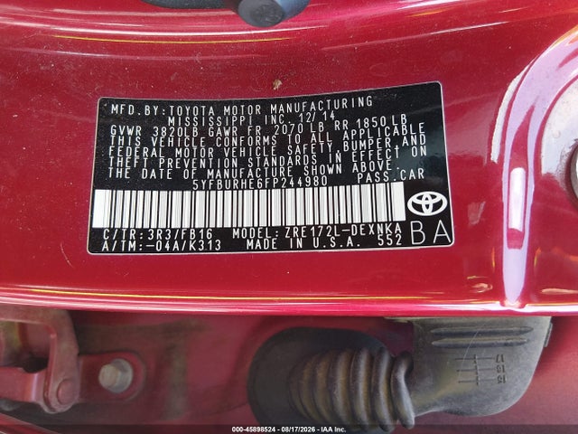 Продаж на аукціоні авто 2015 Toyota Corolla Le, vin: 5YFBURHE6FP244980, номер лоту: 45898524