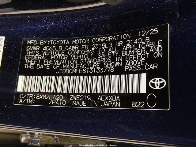 JTDBCMFE8T3133778 Toyota Corolla Hybrid Hybrid Xle