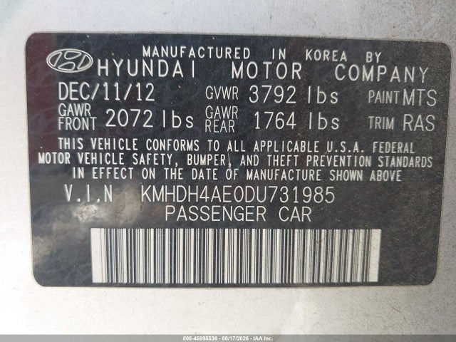 45898536 :رقم المزاد ، KMHDH4AE0DU731985 vin ، 2013 Hyundai Elantra Gls مزاد بيع