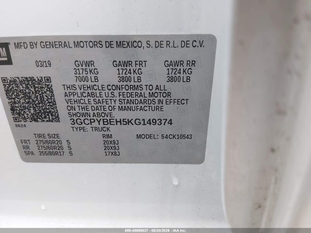 Aukcja sprzedaży 2019 Chevrolet Silverado 1500 Custom, vin: 3GCPYBEH5KG149374, numer aukcji: 45898537