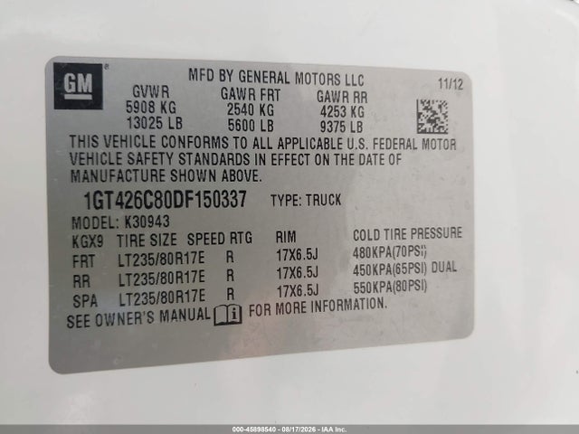 45898540 :رقم المزاد ، 1GT426C80DF150337 vin ، 2013 Gmc Sierra 3500hd Denali مزاد بيع