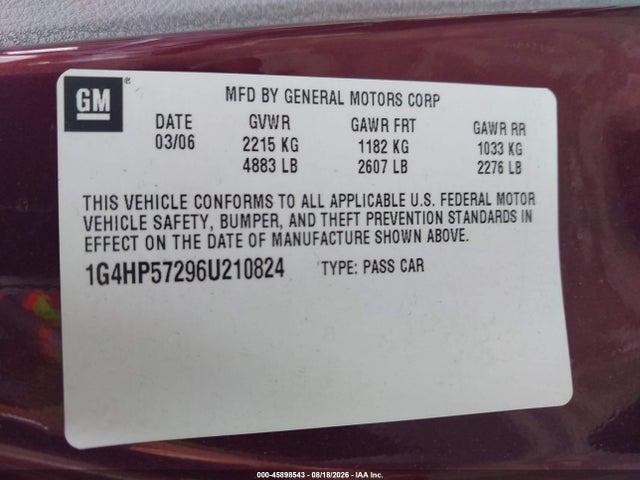 Продаж на аукціоні авто 2006 Buick Lucerne Cx, vin: 1G4HP57296U210824, номер лоту: 45898543