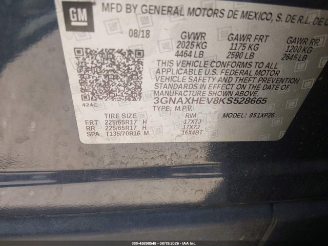 Auction sale of the 2019 Chevrolet Equinox Ls, vin: 3GNAXHEV8KS528665, lot number: 45898548