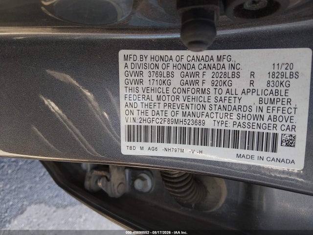 Aukcja sprzedaży 2021 Honda Civic Sport, vin: 2HGFC2F89MH523689, numer aukcji: 45898552