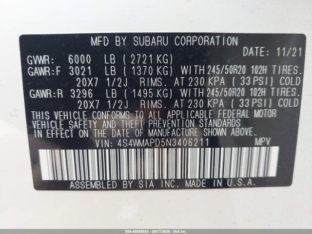 45898553 :رقم المزاد ، 4S4WMAPD5N3406211 vin ، 2022 Subaru Ascent Limited مزاد بيع