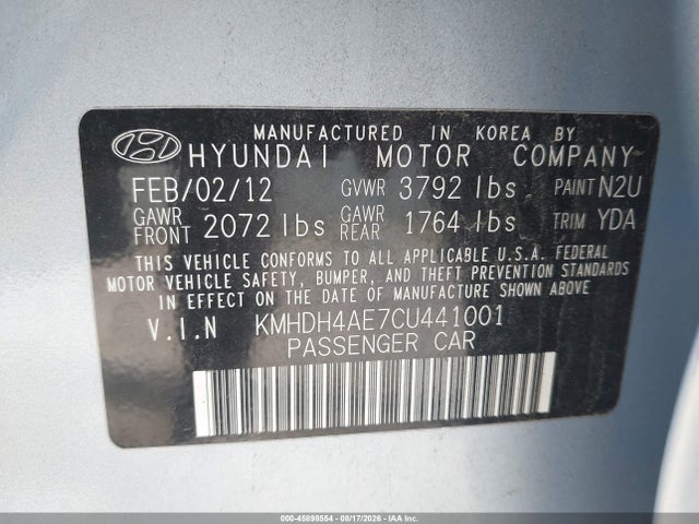 Продажа на аукционе авто 2012 Hyundai Elantra Limited (ulsan Plant), vin: KMHDH4AE7CU441001, номер лота: 45898554