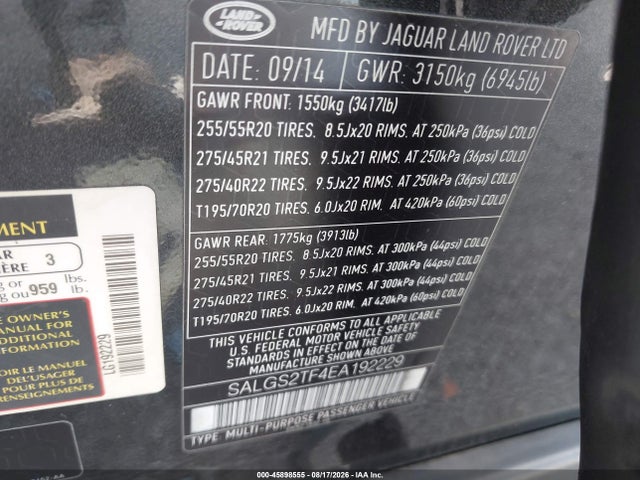Aukcja sprzedaży 2014 Land Rover Range Rover 5.0l V8 Supercharged/5.0l V8 Supercharged Ebony Edition, vin: SALGS2TF4EA192229, numer aukcji: 45898555