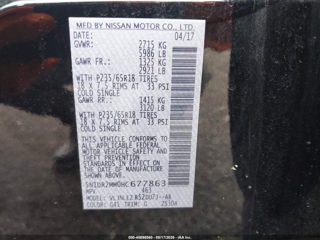2017 Nissan Pathfinder Sv მანქანა იყიდება აუქციონზე, vin: 5N1DR2MM0HC677863, აუქციონის ნომერი: 45898560