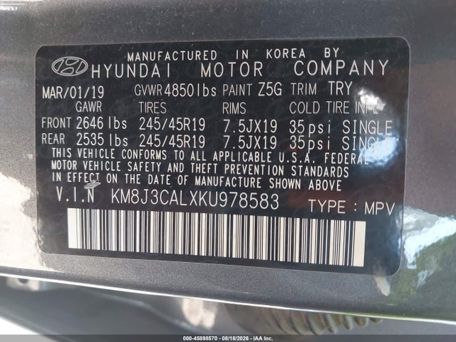 Aukcja sprzedaży 2019 Hyundai Tucson Night, vin: KM8J3CALXKU978583, numer aukcji: 45898570