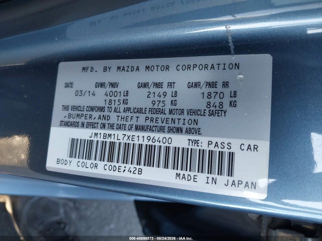 Aukcja sprzedaży 2014 Mazda Mazda3 I Touring, vin: JM1BM1L7XE1196400, numer aukcji: 45898573
