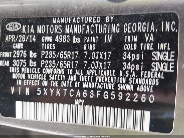 2015 Kia Sorento Lx მანქანა იყიდება აუქციონზე, vin: 5XYKTCA63FG592260, აუქციონის ნომერი: 45898581