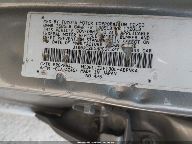 Aukcja sprzedaży 2003 Toyota Corolla Le, vin: JTDBR32E532007527, numer aukcji: 45898593
