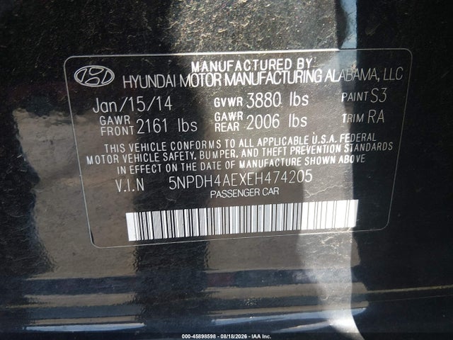 45898598 :رقم المزاد ، 5NPDH4AEXEH474205 vin ، 2014 Hyundai Elantra Limited مزاد بيع