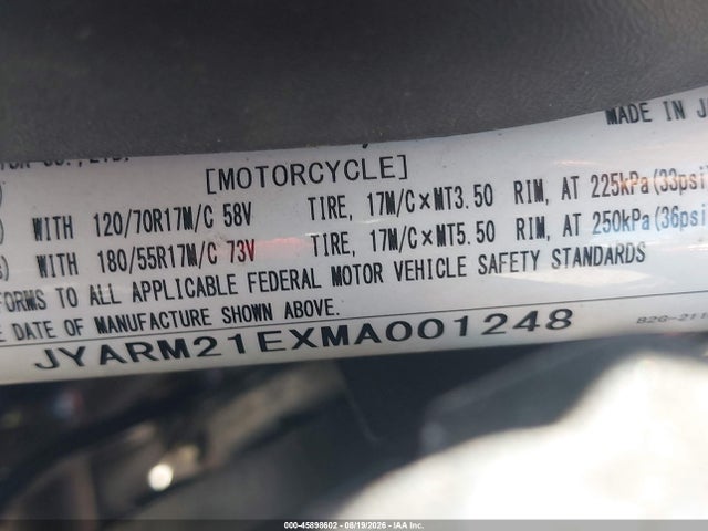 45898602 :رقم المزاد ، JYARM21EXMA001248 vin ، 2021 Yamaha Xsr700 مزاد بيع