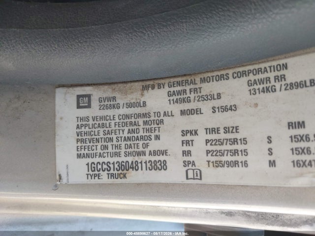 Продажа на аукционе авто 2004 Chevrolet Colorado Ls, vin: 1GCCS136048113838, номер лота: 45898627