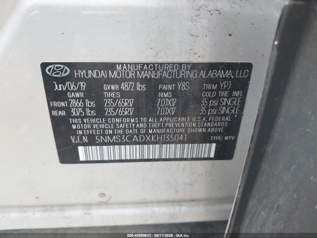 45898633 :رقم المزاد ، 5NMS3CADXKH135041 vin ، 2019 Hyundai Santa Fe Sel مزاد بيع