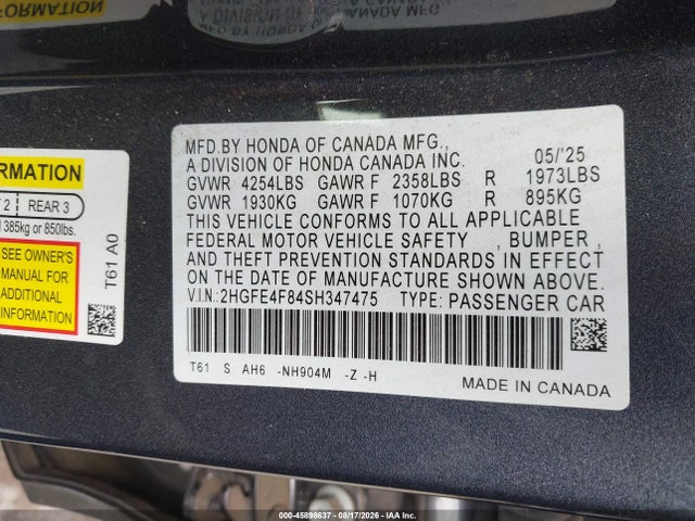 2HGFE4F84SH347475 Honda Civic Hybrid Sport/sport Touring