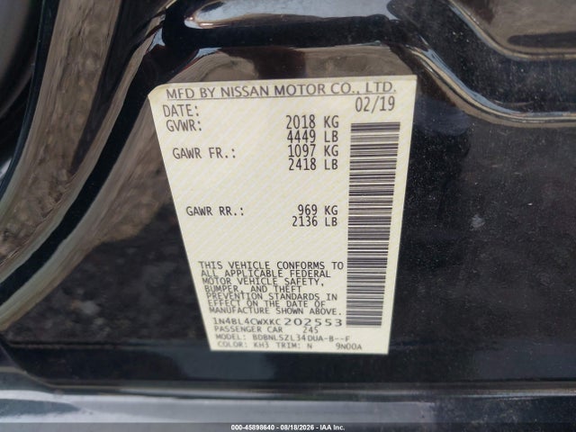 45898640 :رقم المزاد ، 1N4BL4CWXKC202553 vin ، 2019 Nissan Altima 2.5 Sr مزاد بيع