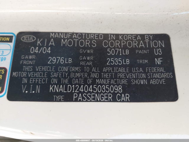 Продажа на аукционе авто 2004 Kia Amanti, vin: KNALD124045035098, номер лота: 45898657
