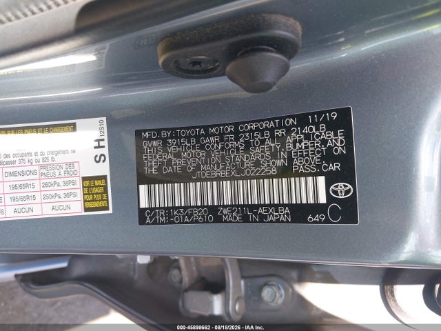 Toyota Corolla Hybrid Le 2020 JTDEBRBEXLJ022258 Image 9