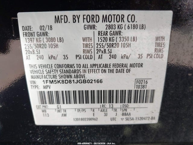 45898671 :رقم المزاد ، 1FM5K8D81JGB02166 vin ، 2018 Ford Explorer Xlt مزاد بيع