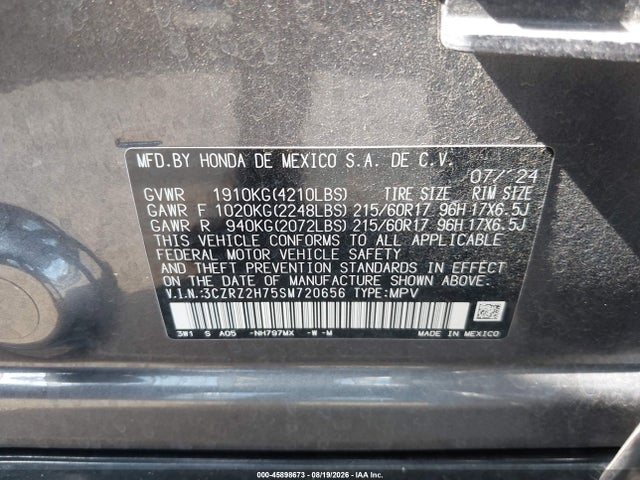 45898673 :رقم المزاد ، 3CZRZ2H75SM720656 vin ، 2025 Honda Hr-v Awd Ex-l مزاد بيع